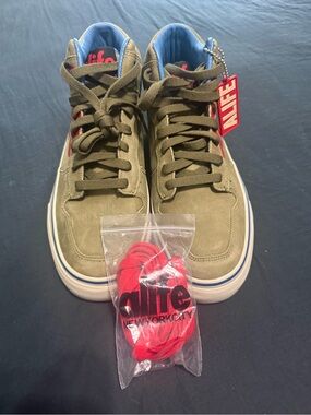 Alife Olive High-Top Sneakers with Red Tag and Blue Lining